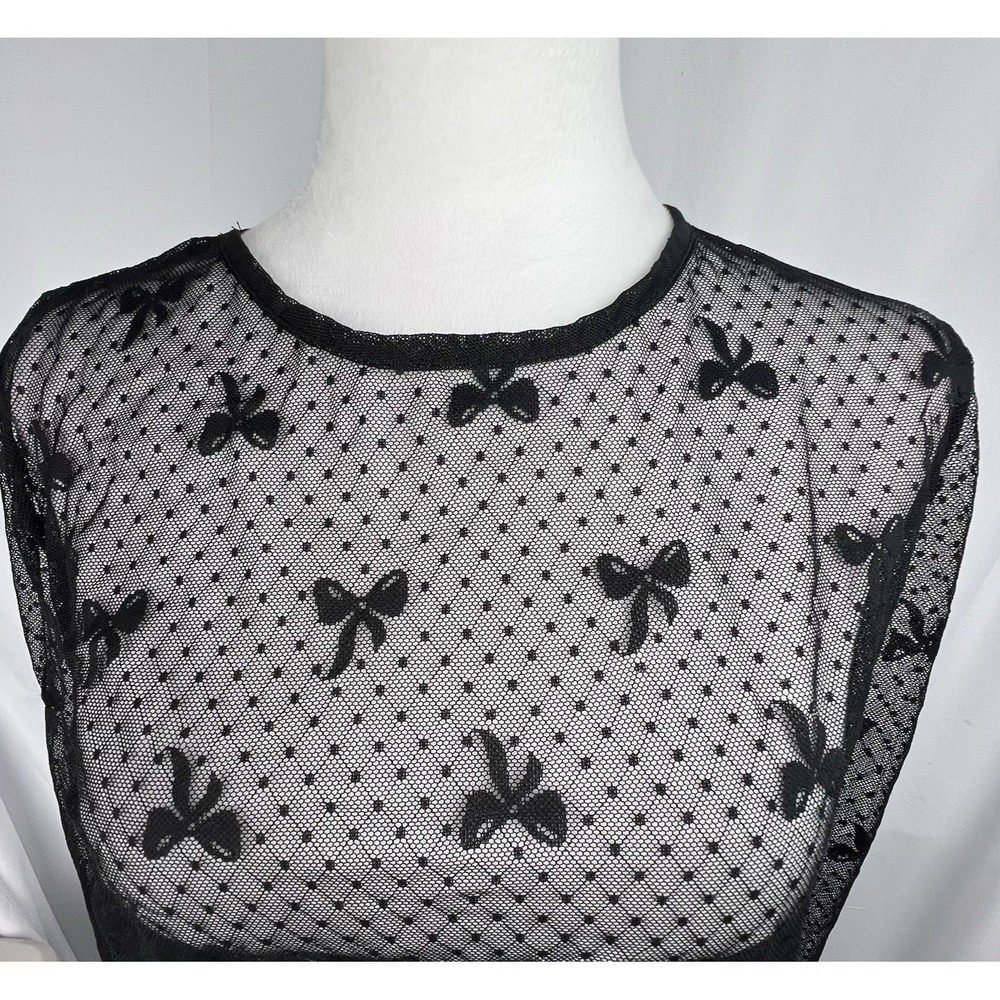 Bodyrage Black Sheer Mesh Bow Polka Dot Long Sleeve Top L/XL Goth Coquette Y2K - Picture 2 of 12